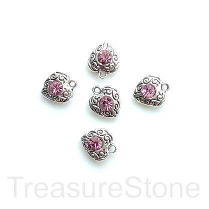 Charm, Pendant, 10mm heart, pink crystal. Pack of 3.