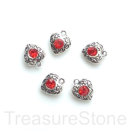 Charm, Pendant, 10mm heart, red crystal. Pack of 3.