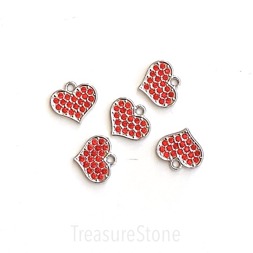 Charm, Pendant, 15mm silver heart, red rhinestone. 3pcs