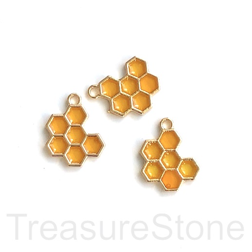 Charm, pendant, 14x16mm Enamel, gold honeycomb. 2pcs
