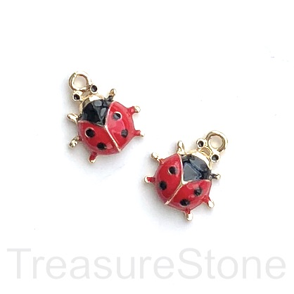Charm, pendant, 13x15mm Enamel, gold red ladybug. 2pcs