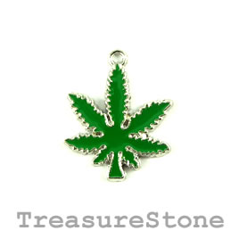 Charm/Pendant, silver, green 23mm Marijuana leaf, enamel. ea