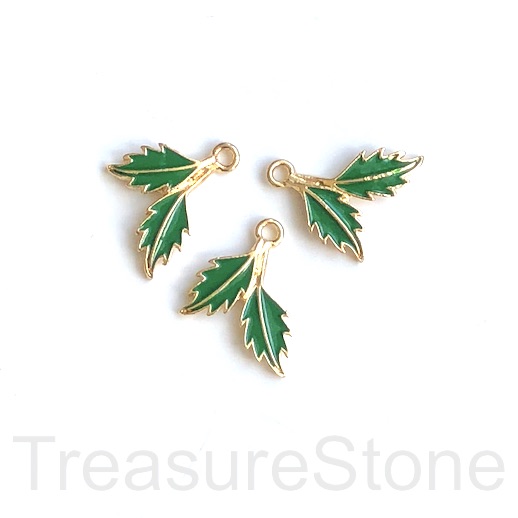 Charm, pendant, 18mm Enamel, gold green leaf, leaves. 2pcs