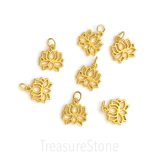 Brass Charm, pendant, 12mm gold filigree lotus flower, matte.3pc