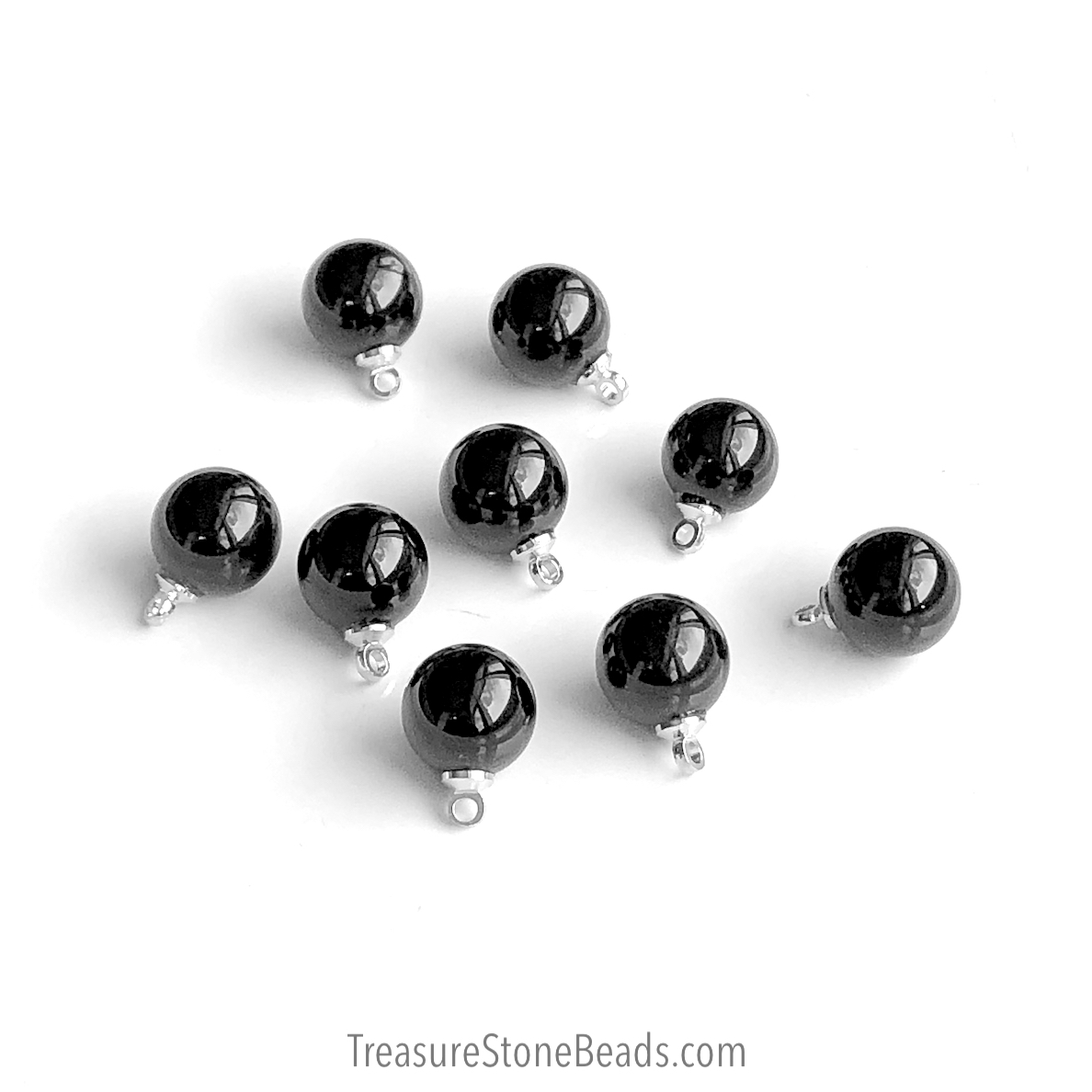 Charm, Pendant, black onyx. 10mm round, silver bail. Pack of 2.
