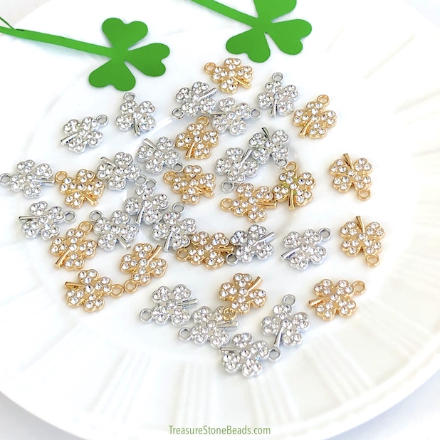 Charm,gold,12mm shamrock/ 4-leaf clover,with crystals. Pack of 3
