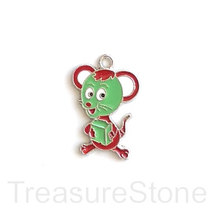 Pendant, silver-plated, Enamel, green, red, 18x23mm mouse. each