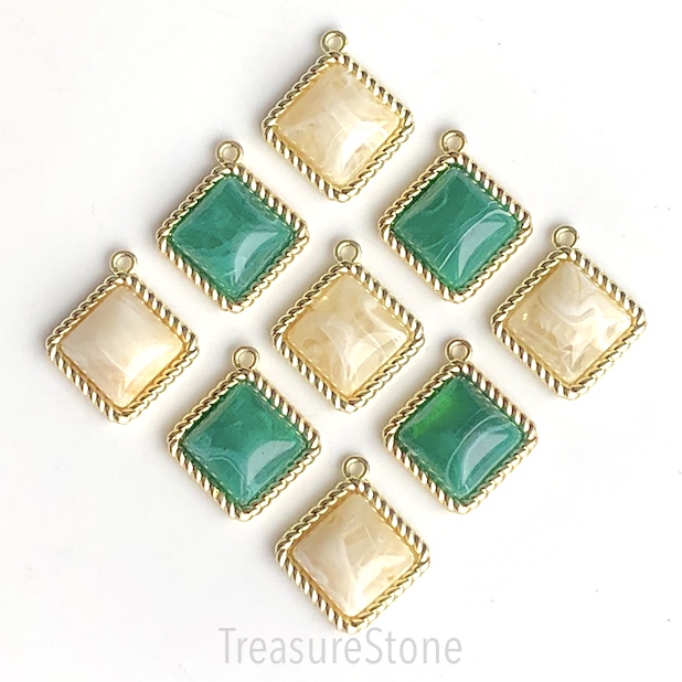 Charm, Pendant, resin, 22mm. green, gold base. Pack of 2 - Click Image to Close