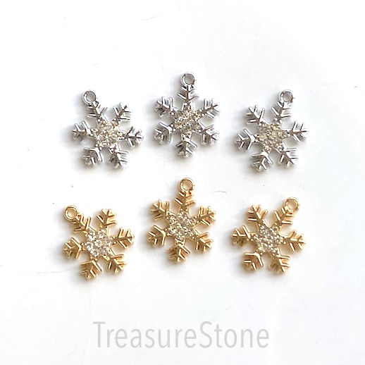 Charm, Pendant, 18mm gold snowflake, with rhinestone. 3pcs - Click Image to Close