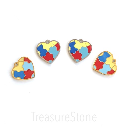 Charm, pendant, stainless steel, 15mm mosaic heart, gold. each