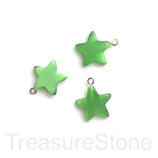Charm, Pendant, cats eye glass, 18mm star, green. pack of 2