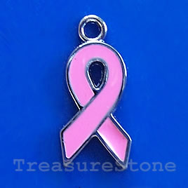 Charm/pendant, 9x18mm pink ribbon, Enamel, breast cancer, each