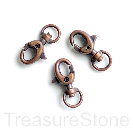 Clasp, lobster claw,copper-plated, 15x32mm with swivel. Pkg of 2