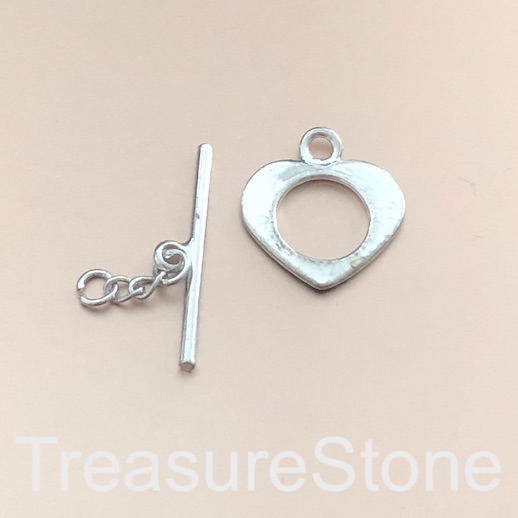 Clasp, toggle, bright silver-plated brass, 14mm heart. 1 pair