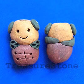 Bead, clay, handmade, 15x18mm teddy bear, hole:2mm. Pkg of 3