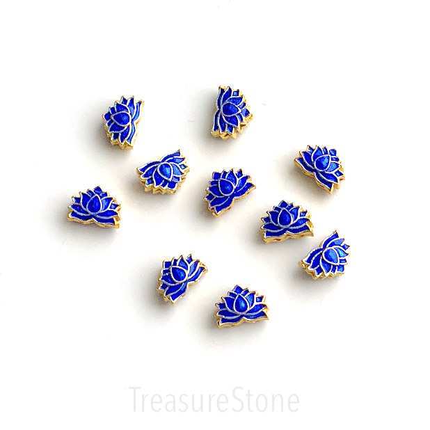 Bead, cloisonné, handmade, blue gold, 10x7.5mm lotus flower. ea