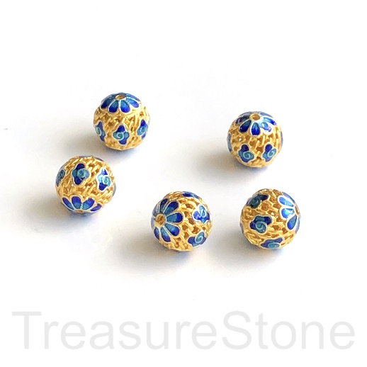 Bead, cloisonné, handmade, gold blue, 8-9mm round. each