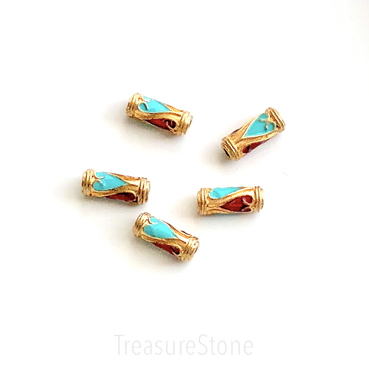Bead, cloisonné, brass, 5x14mm gold, turquoise red heart. 3pc