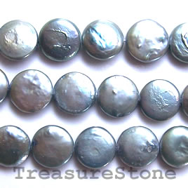 Pearl, freshwater(dyed), aquq,13mm flat round. B- grade. 15-inch