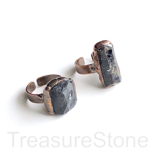 Adjustable Ring,black tourmaline, copper colour brass setting.ea