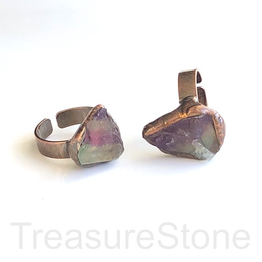 Adjustable Ring,rough fluorite, copper coloured brass setting.Ea