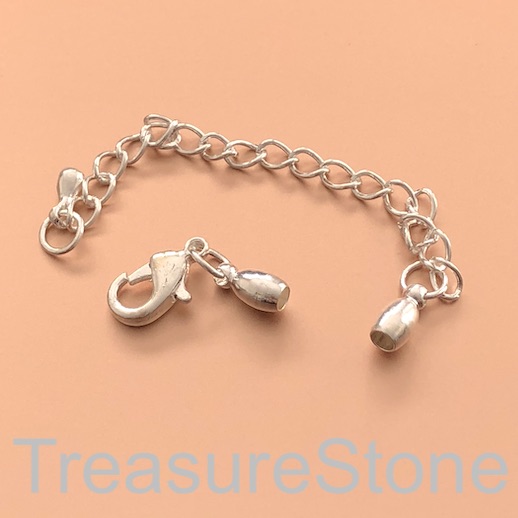 Bead,bright silver, 2mm cord end,lobster clasp,3" extension. 6pc