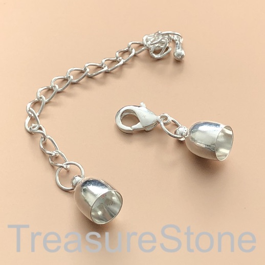 Bead,bright silver, 6mm cord end,lobster clasp,3" extension. 4pc