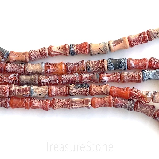 Bead, cracked agate, dyed, red, 6x8mm bamboo, matte. 15", 39pcs