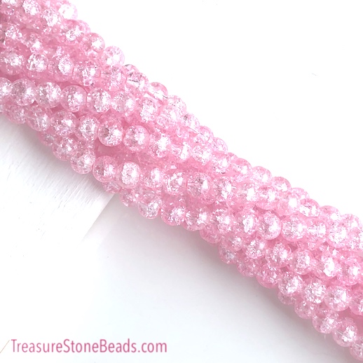 Bead, cracked crystal glass, pink, 8mm round. 15", 50pcs - Click Image to Close