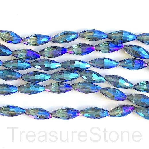 Bead, crystal, blue, 8x18mm faceted rice. 15-inch, 20pcs