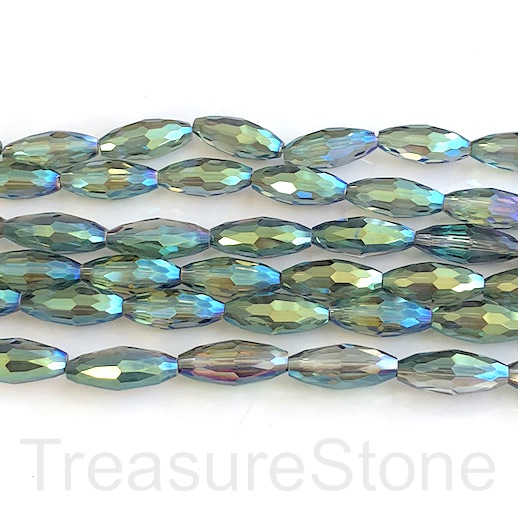 Bead, crystal, green, 10x23mm faceted rice. 15-inch, 17pcs