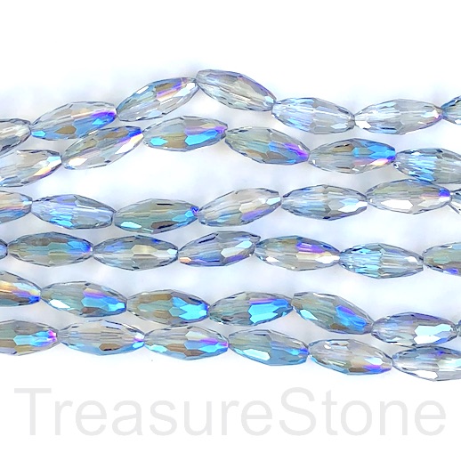 Bead, crystal, half blue, 8x18mm faceted rice. 15-inch, 20pcs