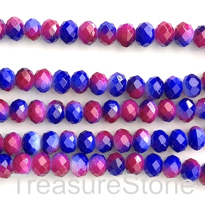Bead, crystal, blue, fuchsia, 6x8 faceted rondelle. 62pcs