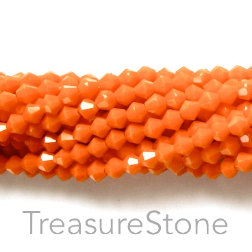Bead, crystal glass, neon orange, 4mm bicone. 18-inch strand
