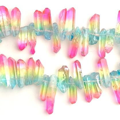 Bead,rough clear crystal quartz,dyed rainbow,10x35mm stick.8",20