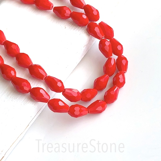 Bead, crystal, red solid, 8x12mm faceted teardrop.13",28