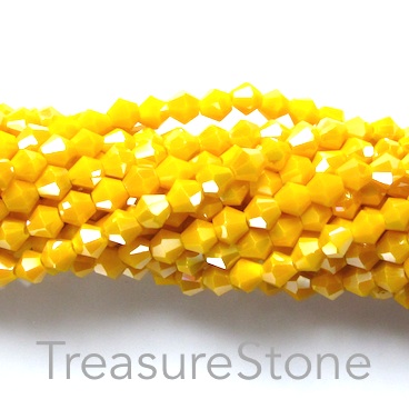 Bead, crystal glass, yellow AB, 4mm bicone. 18.5-inch