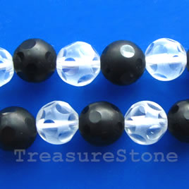 Bead, crystal quartz+black onyx, 8mm hand-carved round. 16-inch.