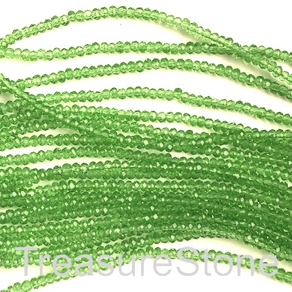 Bead, crystal, green transparent, 1.5x2mm rondelle. 12"