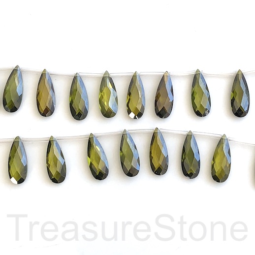 Bead, charm, Cubic Zirconia,green, 7x18mm faceted drop,12