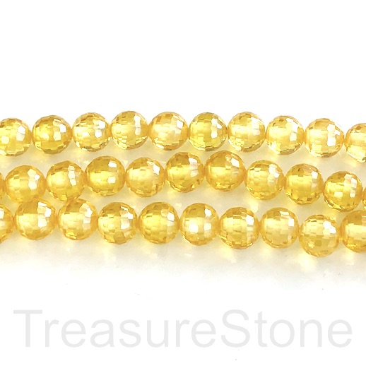 Bead, Cubic Zirconia, yellow, 8mm faceted round,7.5 inch, 25