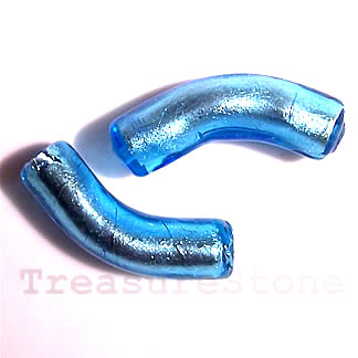 Bead, lampworked glass, 8x32mm blue curve tube. each