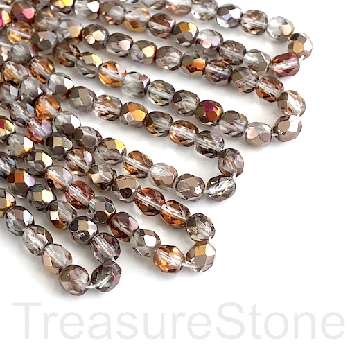 Bead, Czech fire-polished glass, 6mm round, clear copper, 25pccs