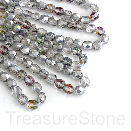 Bead, Czech fire-polished glass, 6mm round, silver AB. 25pccs