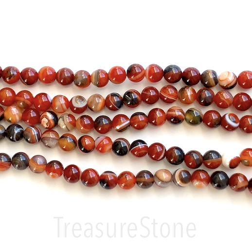 Bead, agate, dyed, black red, lined, 8mm round. 15.5", 48pcs.