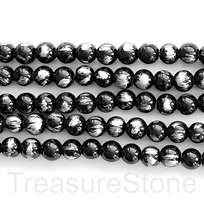 Bead, jade (dyed), black, silver foil, 8mm round, 16", 49pcs