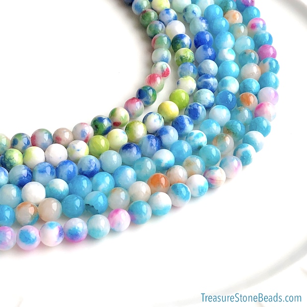 Bead, dyed jade, blue, pink green, 8mm round. 15", 48pcs - Click Image to Close