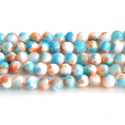 Bead, jade (dyed), blue white, orange, 8mm round, 16", 49pcs