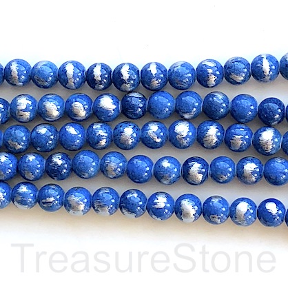 Bead, jade (dyed), blue, silver foil, 8mm round, 16", 49pcs - Click Image to Close
