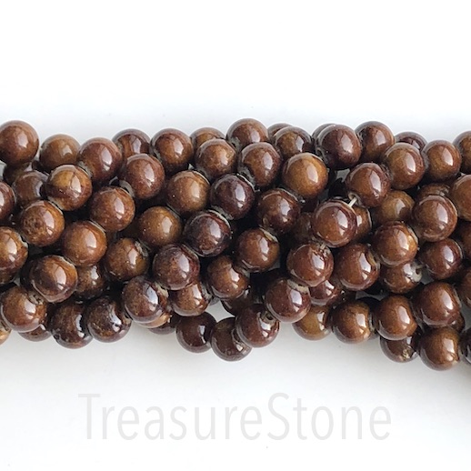 Bead, dyed jade, brown, 6mm round. 15-inch/ 68pcs
